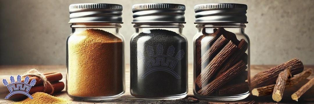 Three jars of licorice products by Sepidan Osareh Jonoob: powder, granules, and roots.