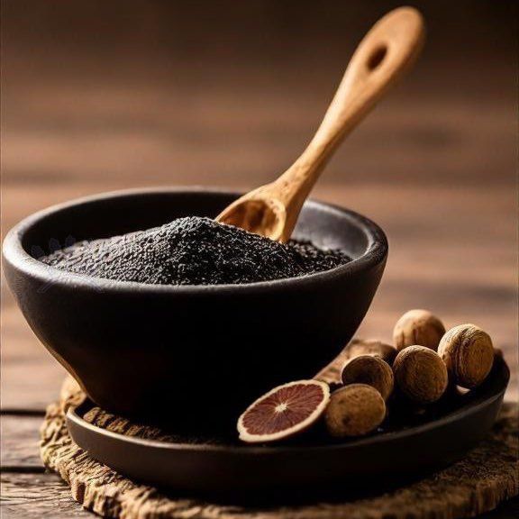 Licorice granules in a black bowl with a wooden spoon by Sepidan Osareh Jonoob, highlighting natural herbal ingredients.