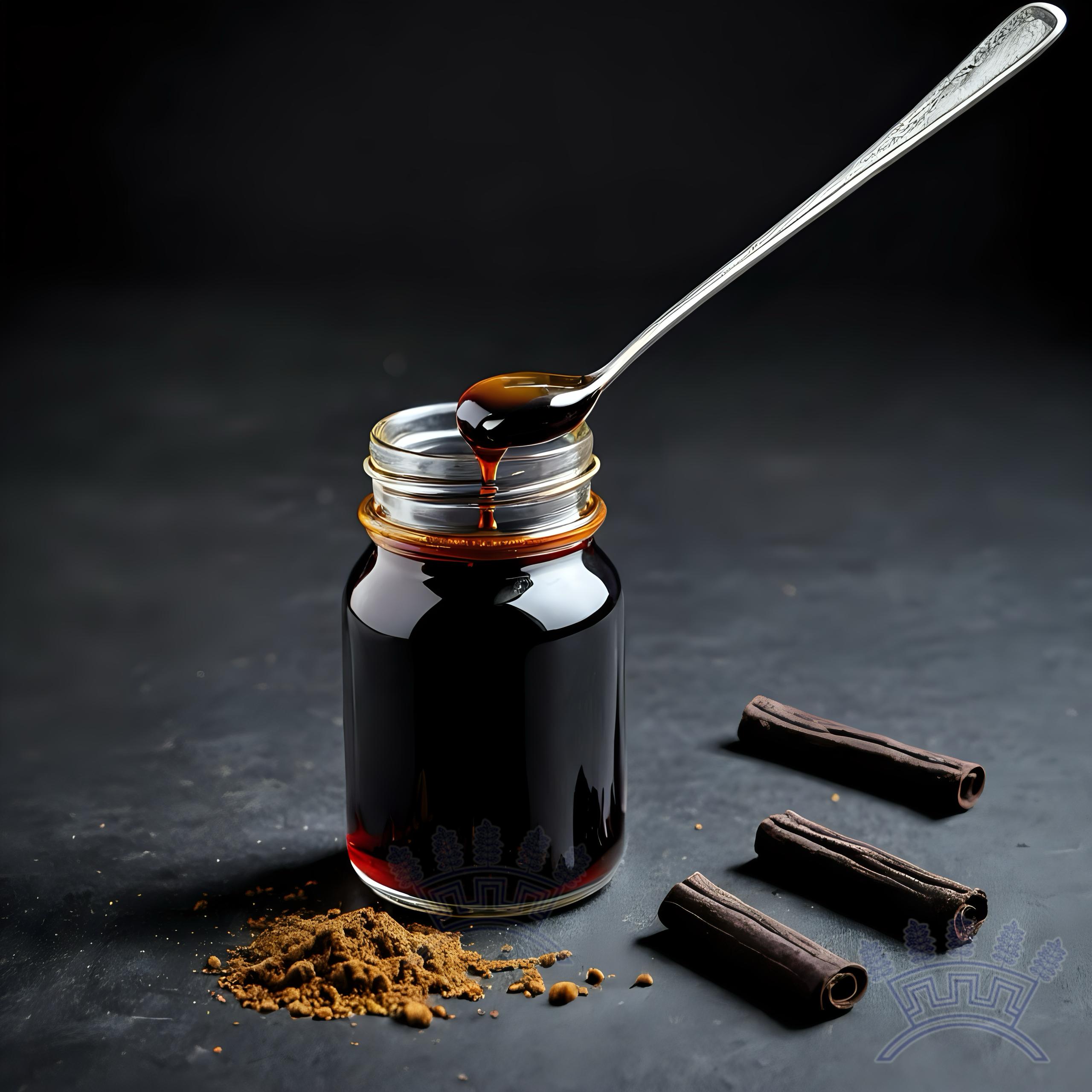 Licorice paste and liquid in a glass jar with a metal spoon, showcasing Sepidan Osareh Jonoob's pure herbal extract.