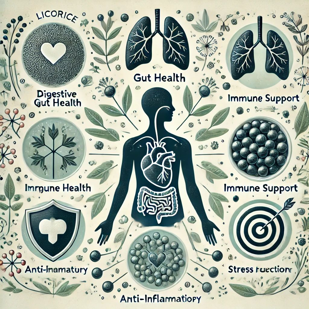 Illustration of the health benefits of licorice granules for digestive, gut health, immune support, anti-inflammatory effects, and stress reduction