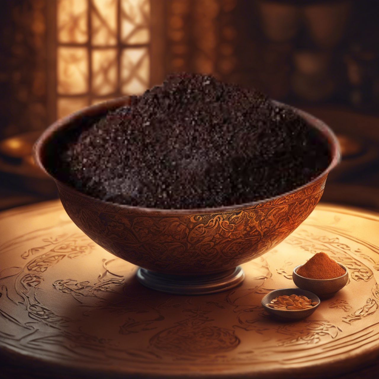 Licorice extract granules in a decorative bowl by Sepidan Osareh Jonoob, natural herbal product.