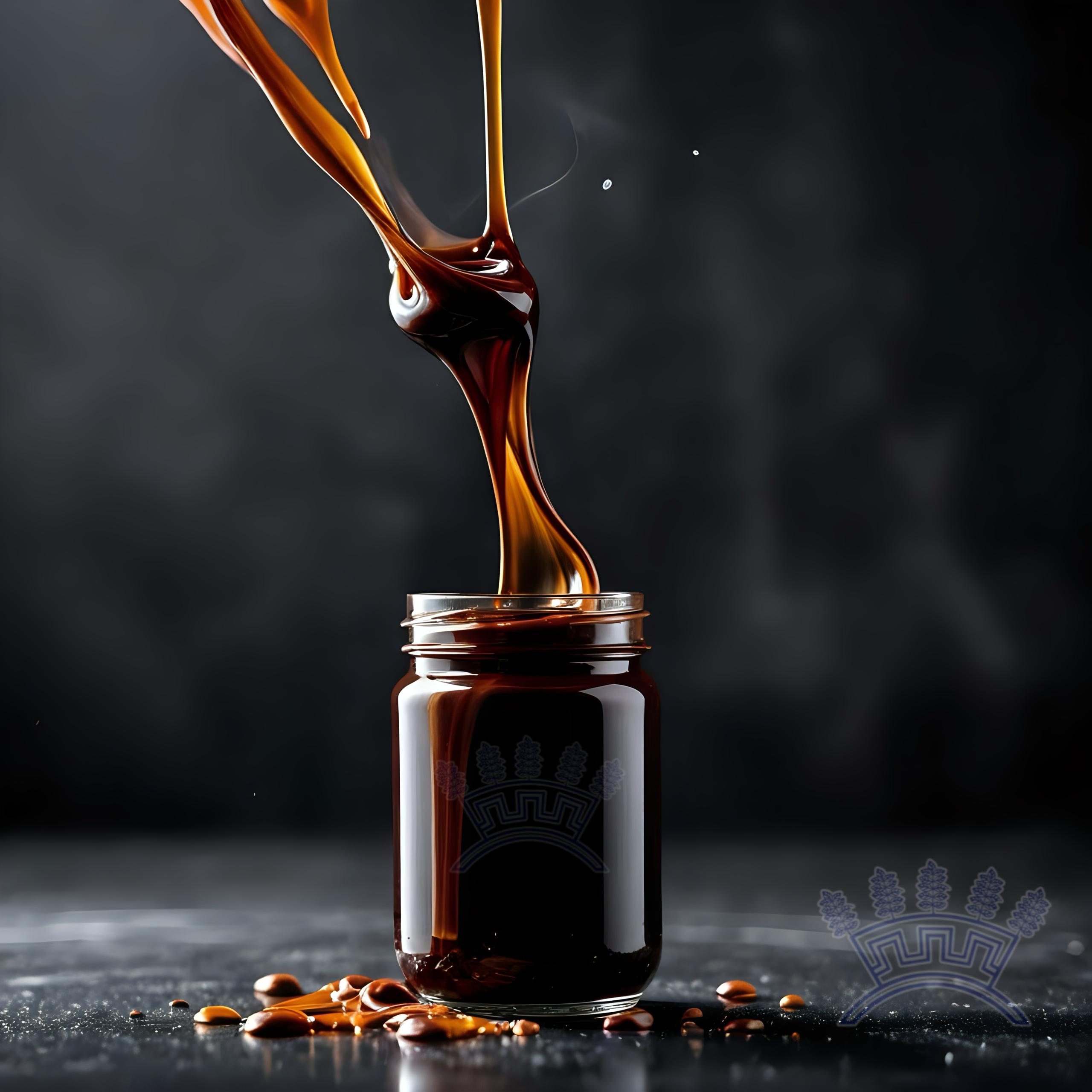 Rich licorice extract liquid pouring into a jar, highlighting the pure and concentrated quality of Sepidan Osareh Jonoob's herbal products.