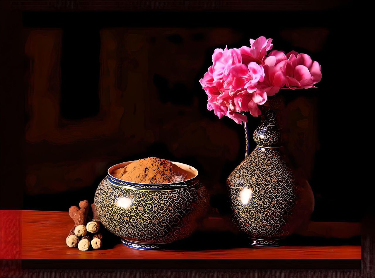 Licorice powder in traditional Persian pottery with flowers, produced by Sepidan Osareh Jonoob.