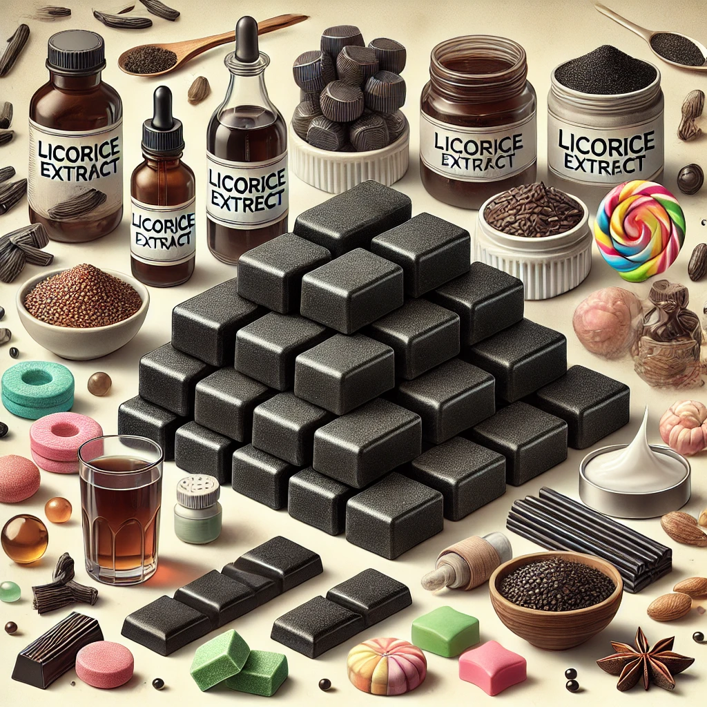 A variety of licorice extract products, including powders, liquids, and candies, by Sepidan Osareh Jonoob.